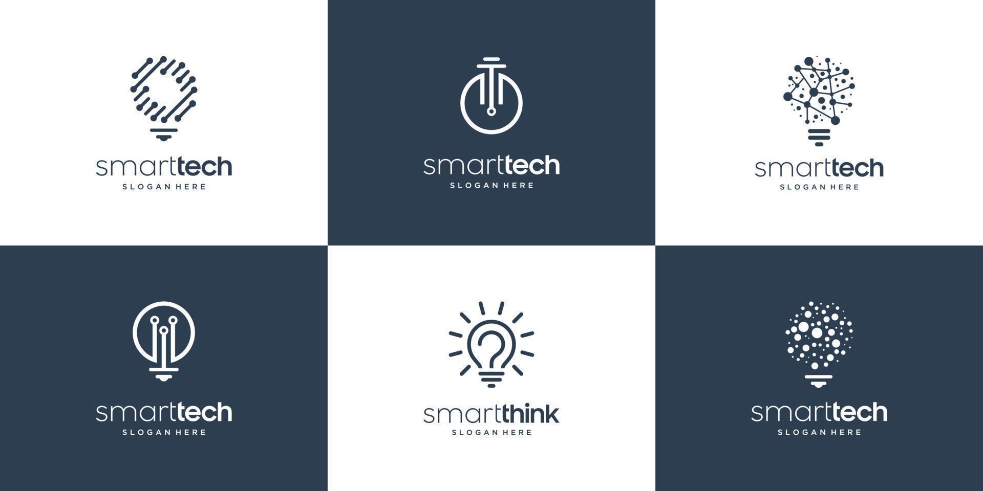 vector de diseño de logotipo de bombilla de lámpara de símbolo de tecnología inteligente de colección de conjuntos creativos