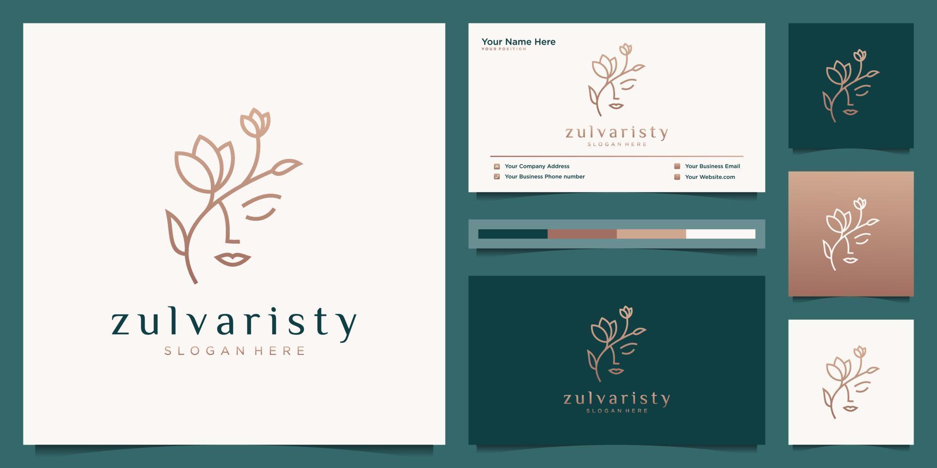 women face with flower logo design and business card. natural women logo for beauty salon, spa, cosmetic, and skin care. luxury feminine template. vector