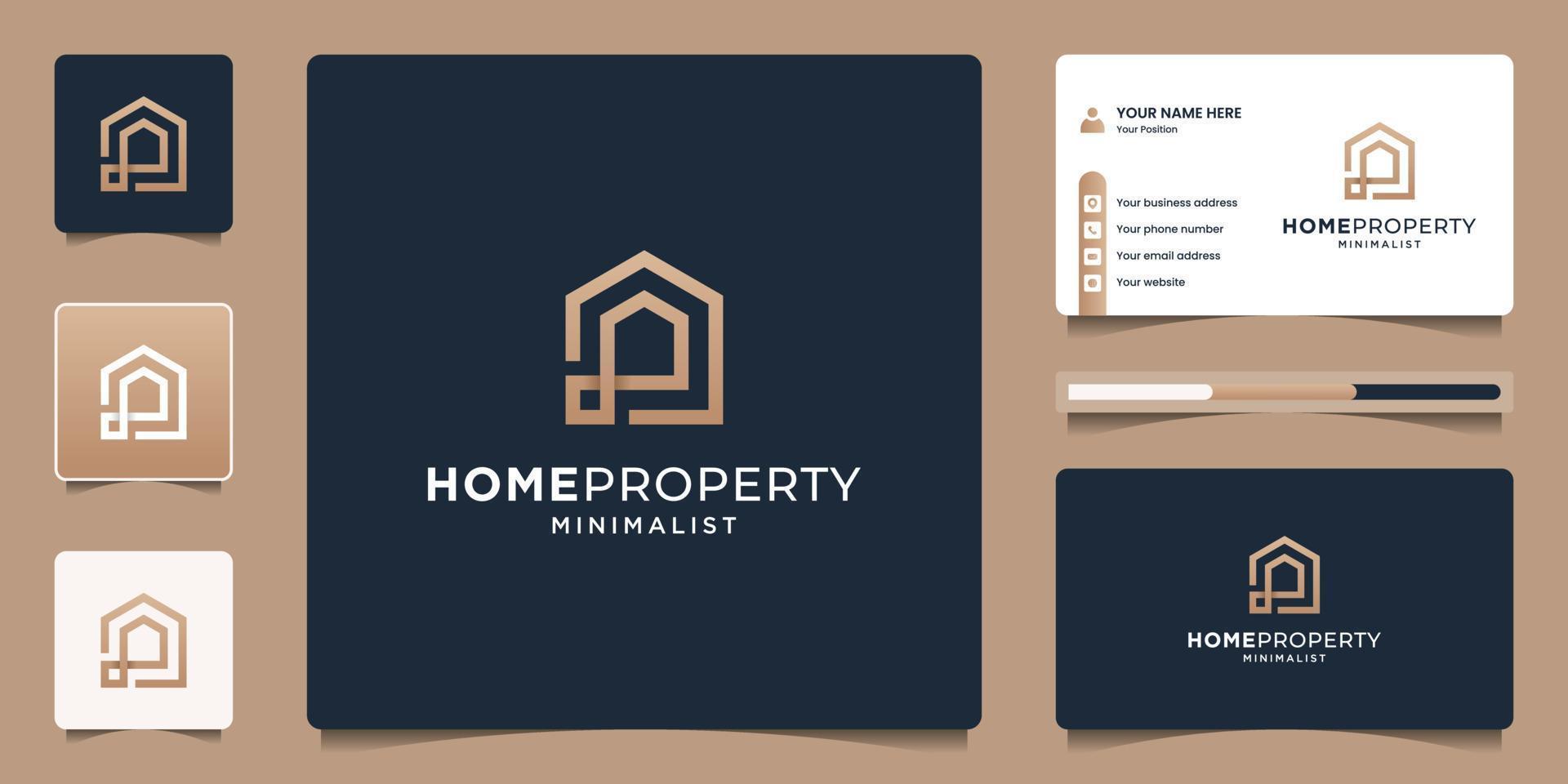 Home real estate logo design template with golden branding. Creative line art style symbol for building house. vector