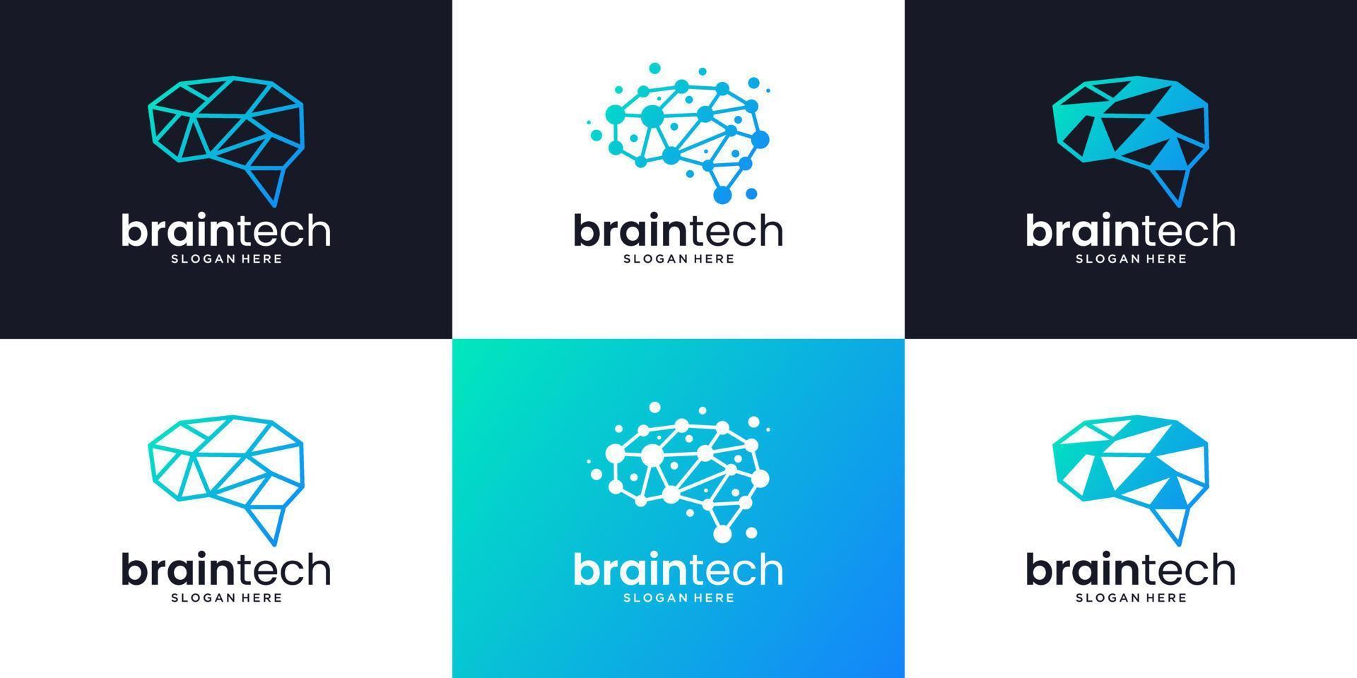 Set of brain connection logo design. Creative smart brain technology logo collection. vector