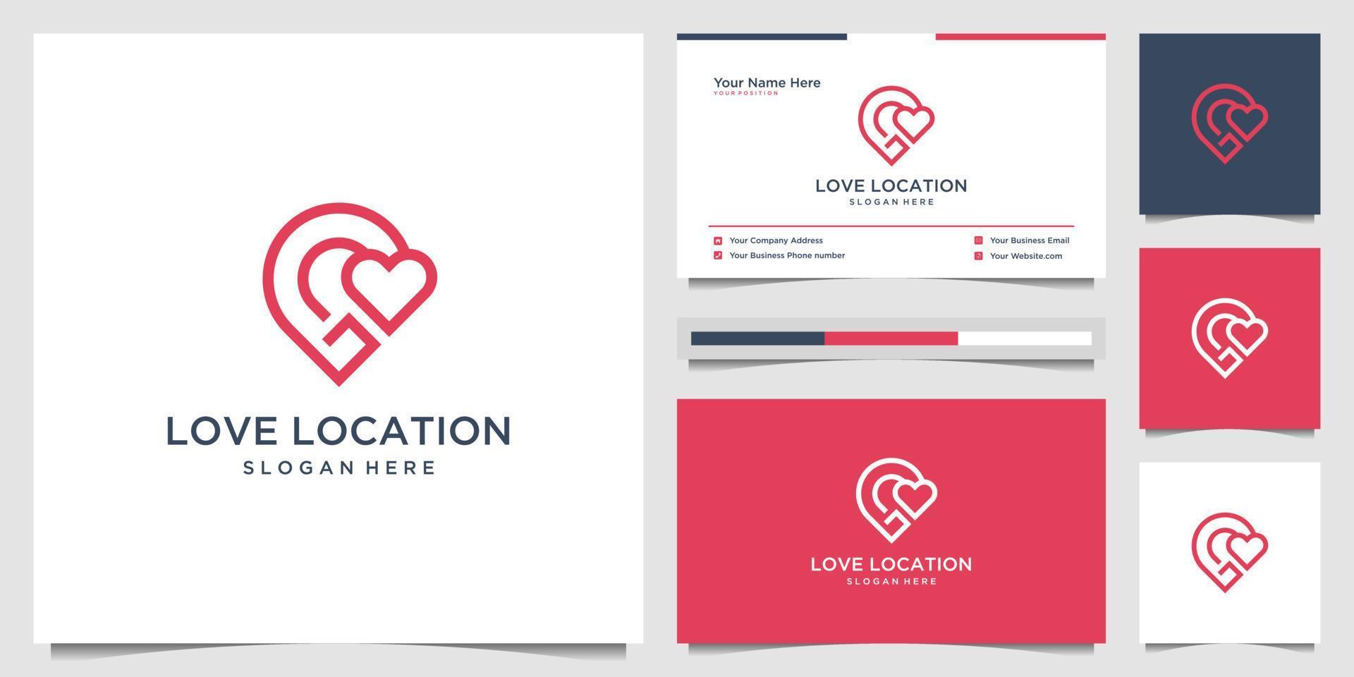 la ubicación del amor creativo combina el corazón y el pin con el estilo de arte de línea conceptual. diseño de logotipo y tarjeta de visita vector