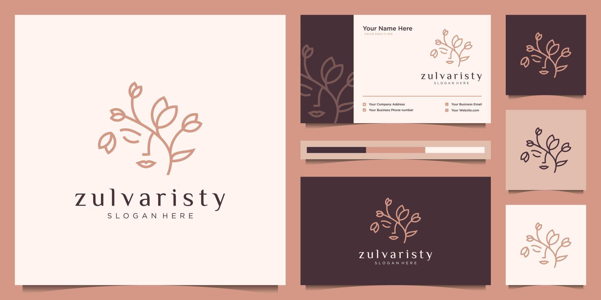 la cara de las mujeres combina el logotipo de flores y hojas para salón de belleza, spa, cosmética y cuidado de la piel. diseño de logotipo de lujo y tarjeta de visita. vector