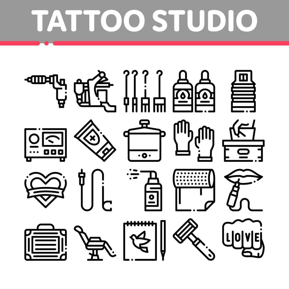 conjunto de iconos de colección de herramientas de estudio de tatuajes vector