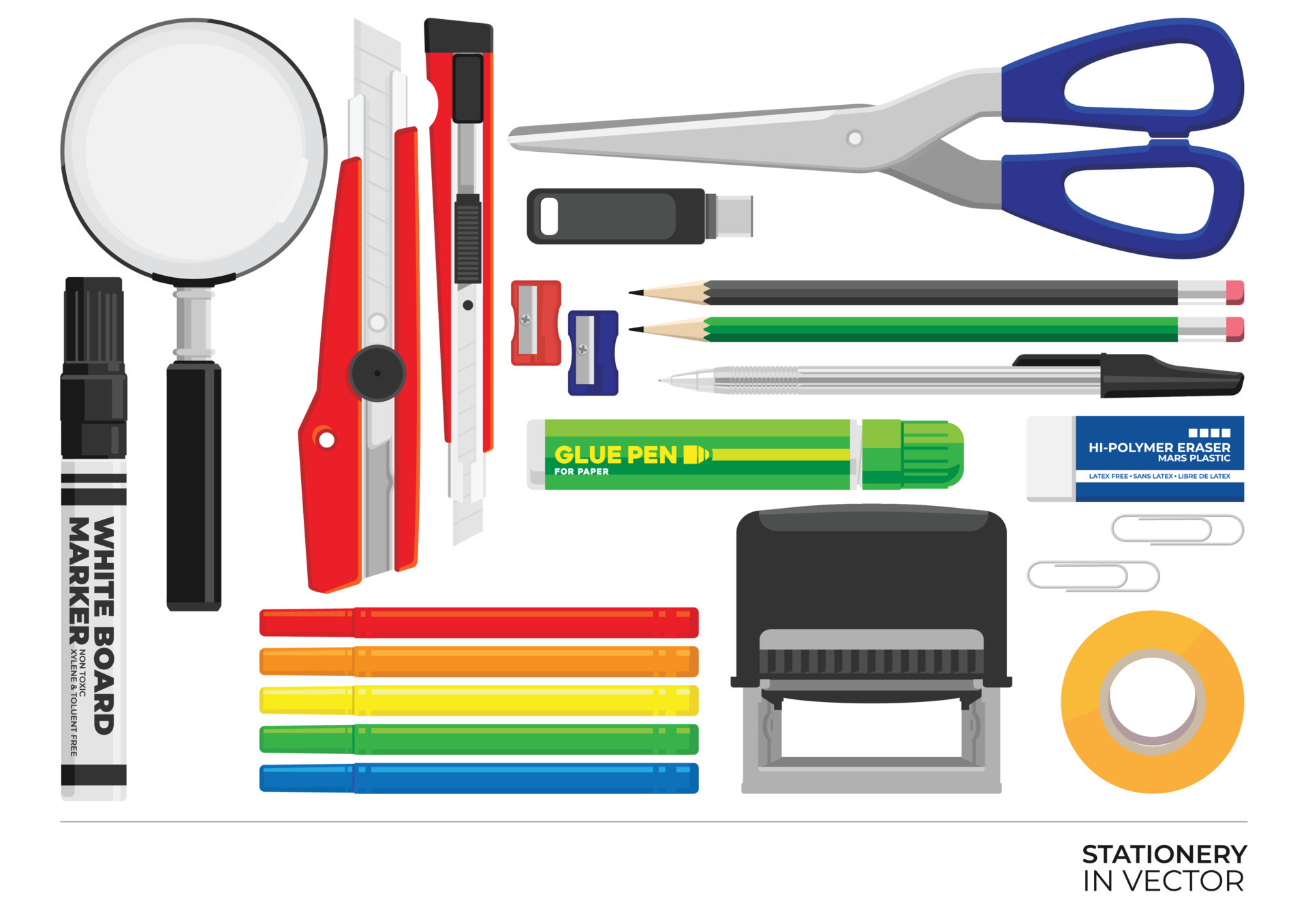 https://static.vecteezy.com/system/resources/previews/017/603/606/original/stationery-set-of-writing-utensils-writing-tools-for-work-daily-activities-with-pen-pencils-ruler-eraser-compass-pen-sharpener-whiteboard-marker-cutter-colored-stationery-vector.jpg