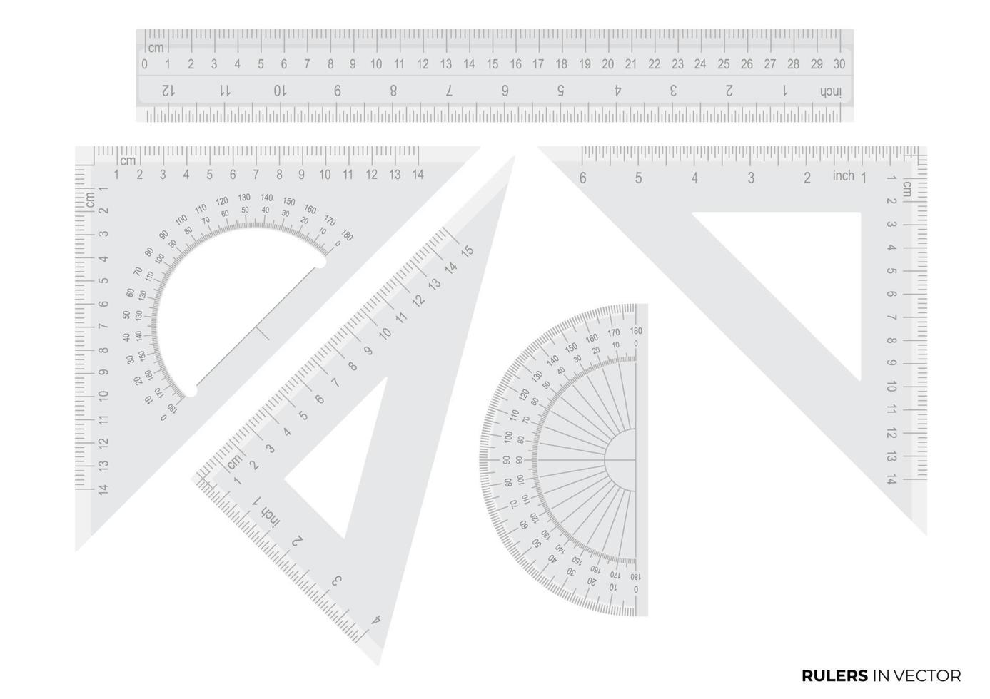 all stationery rulers for office works the long ruler triangle, half circle ruler , full circle rulers vector