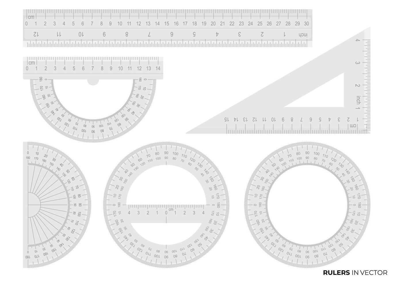 all stationery rulers for office works the long ruler triangle, half circle ruler , full circle rulers vector