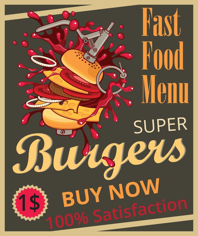 menú de comida rápida, ilustración de vector de diseño de cartel de hamburguesa.
