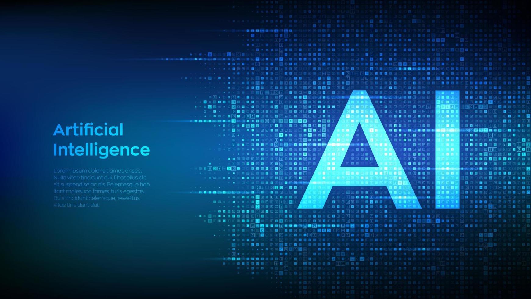 AI. Artificial intelligence. Letters AI made with binary code. Machine learning technology. Binary data and streaming digital code background. Matrix background with digits 1.0. Vector illustration.