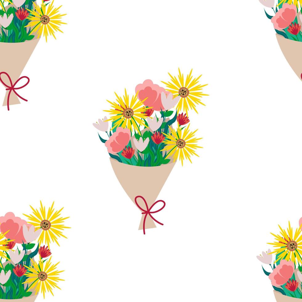 Bouquet of different flowers seamless pattern. Vector beige floral print in flat style