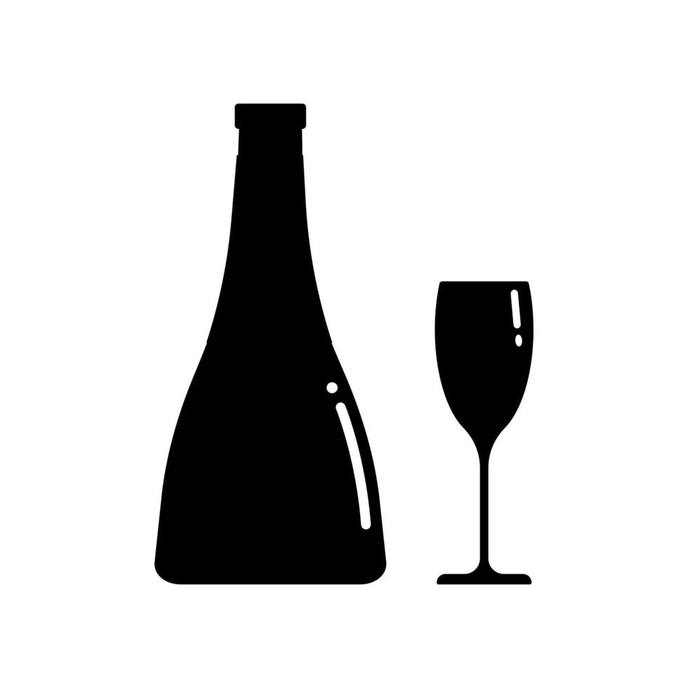 Set of alcohol bottle and glass silhouettes. Vector clip art isolate on white. Simple minimalist illustration in black color.
