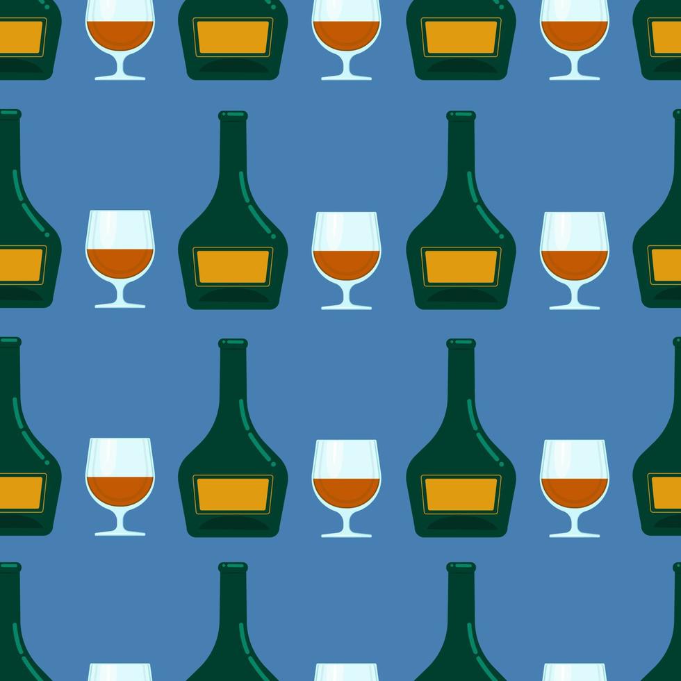 Bottle and glass seamless pattern, Vector background with alcohol.