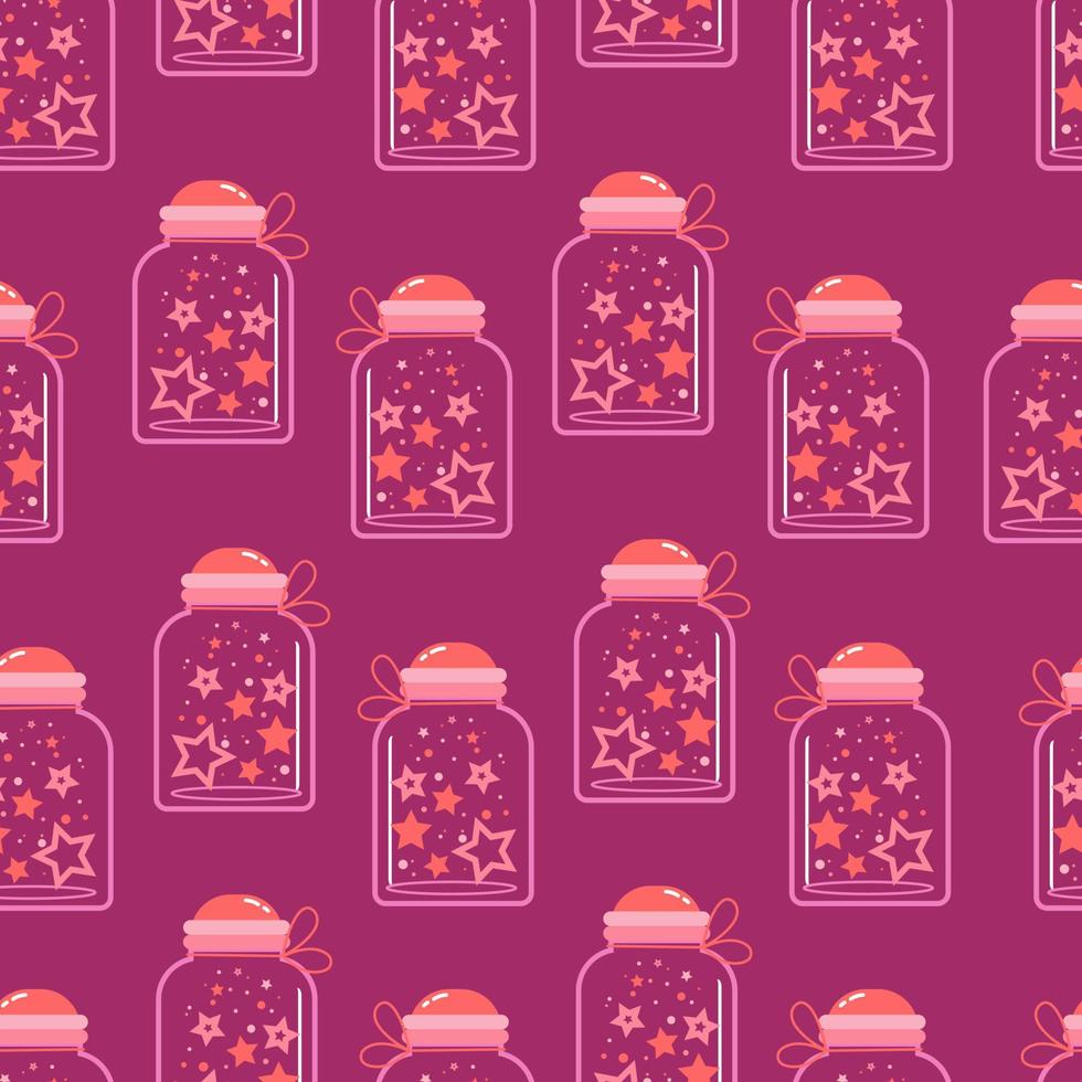 Jars of different shapes filled with hearts and stars seamless pattern. Vector background