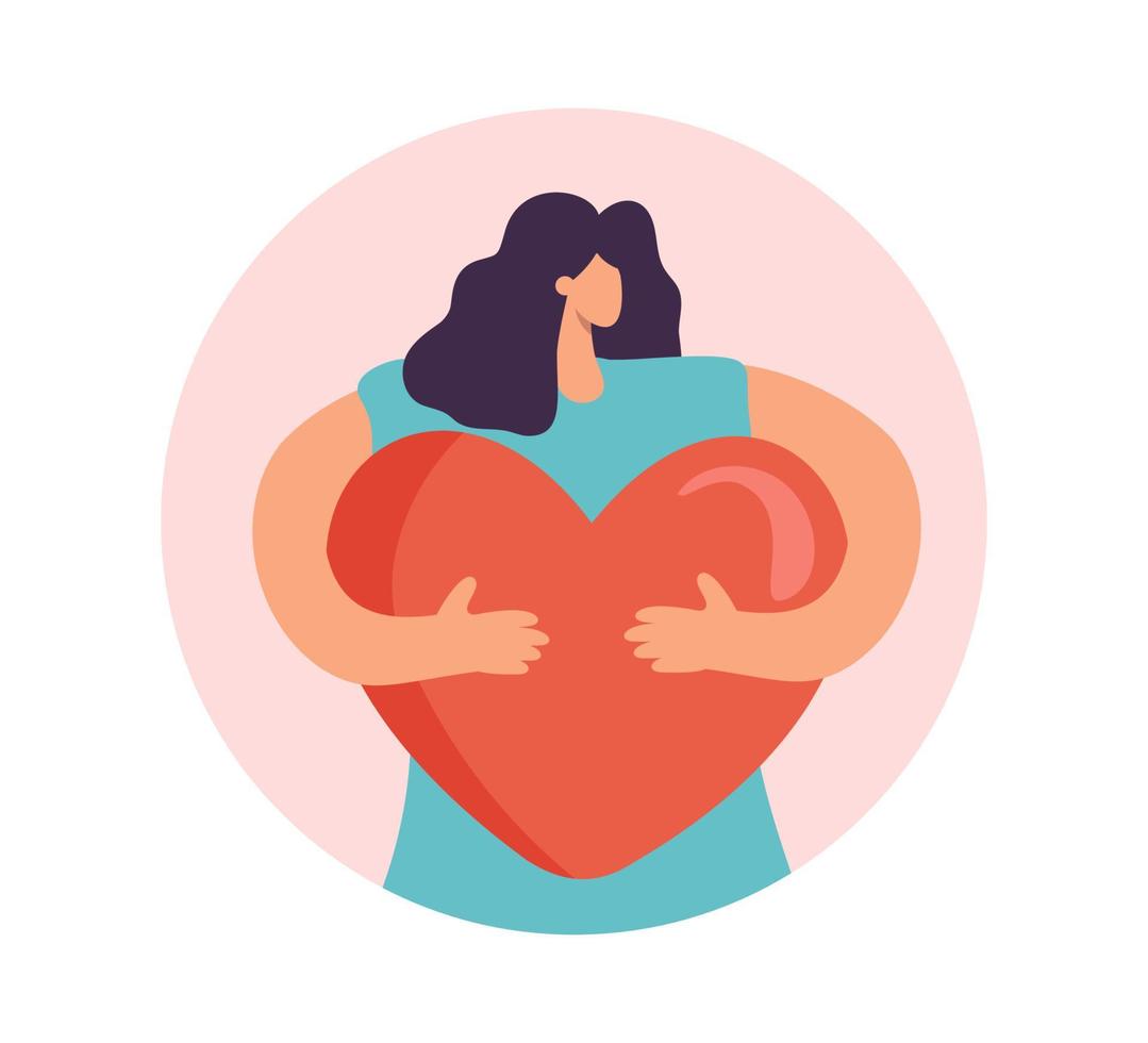 Happy St Valentine day vector greeting card. Happy woman with big pink hugging heart. illustration with dreaming girl in love in the form of a circle sticker. Gentle self-care people. Love yourself