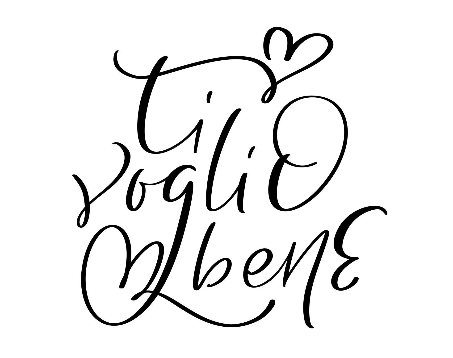 I love you on Italian Ti Voglio Bene. Black vector calligraphy lettering wedding text with heart