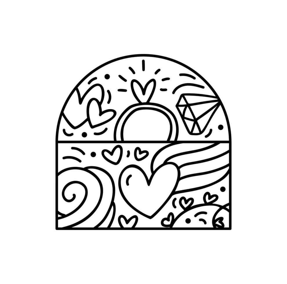 Valentine vector composition constructor envelope, wedding ring and hearts. Hand drawn love holiday logo frame for greeting card, web design invitation