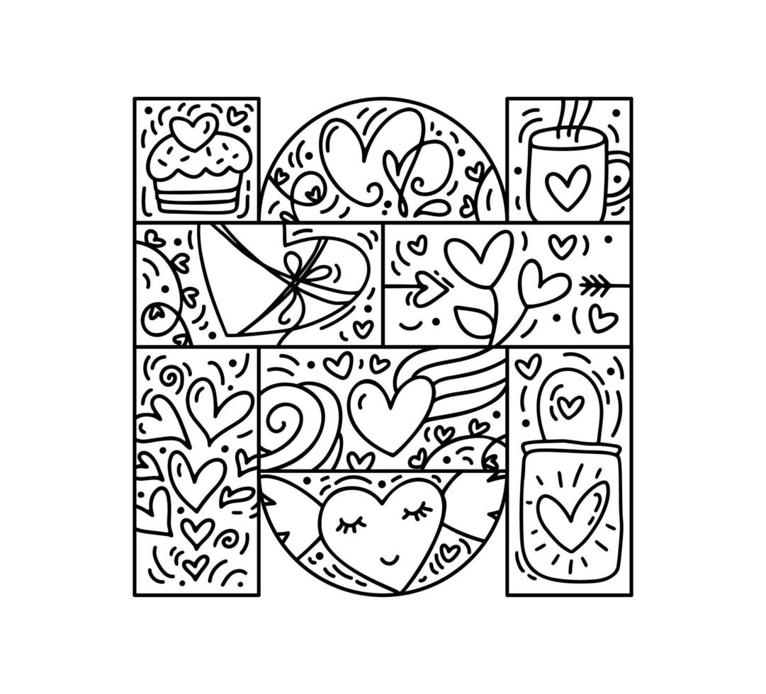 Vector Valentines logo composition hearts, bag, cup. Love handwritten text. Hand drawn monoline constructor in square frame for greeting card