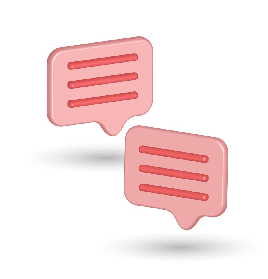 Speech vector Pink two bubbles with three lines. Application social media alert realistic 3d icon template illustration. Smartphone app user interface notification digital button