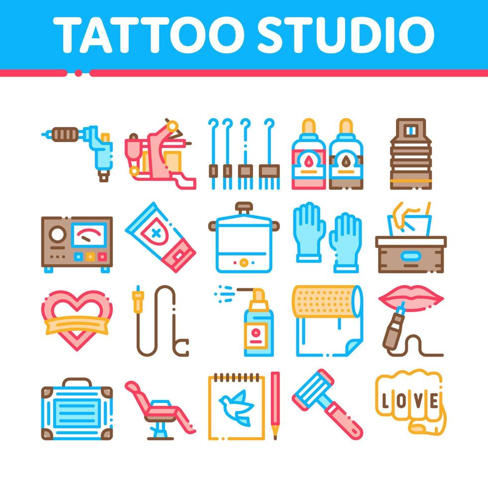 conjunto de iconos de colección de herramientas de estudio de tatuajes vector