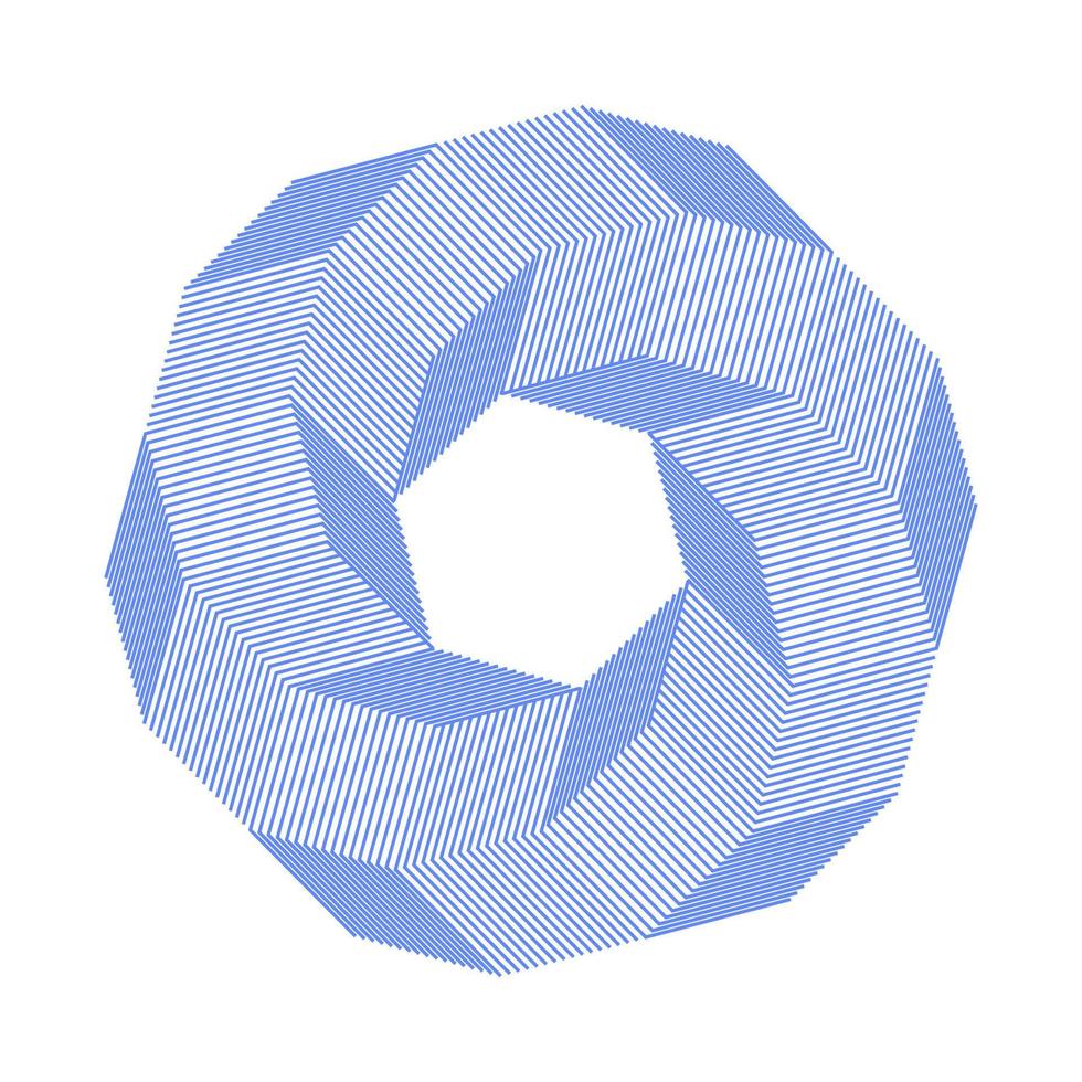 Blue lines op art hexagons spiral isolated on a white background. Hexagonal striped optical illusion swirl vector template. 3d hexagon line art logo design.