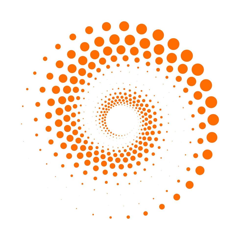 Orange dotted spiral vortex logo vector template. Swirling dots pattern isolated on a white background.