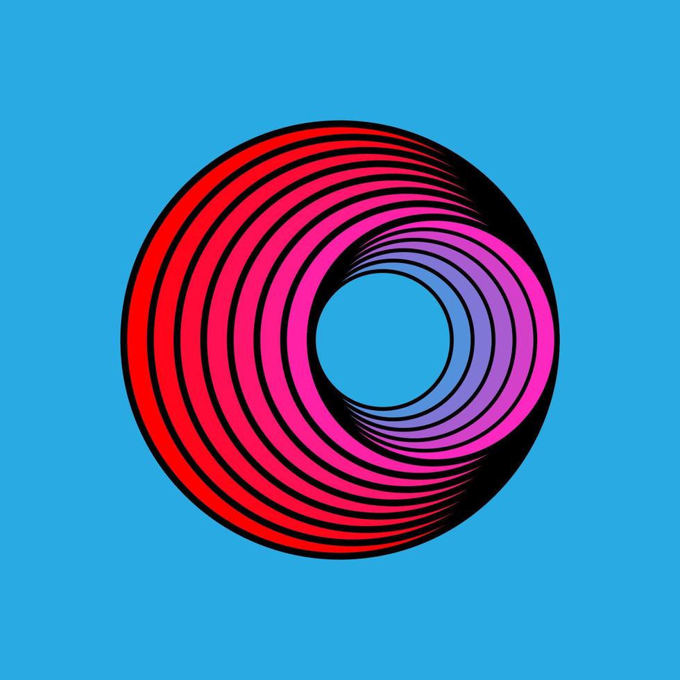 Tornado caricaturesco rosa, azul y rojo 3d. círculo espiral cobarde op art. Twister circular rayado de ilusión óptica abstracta. vector