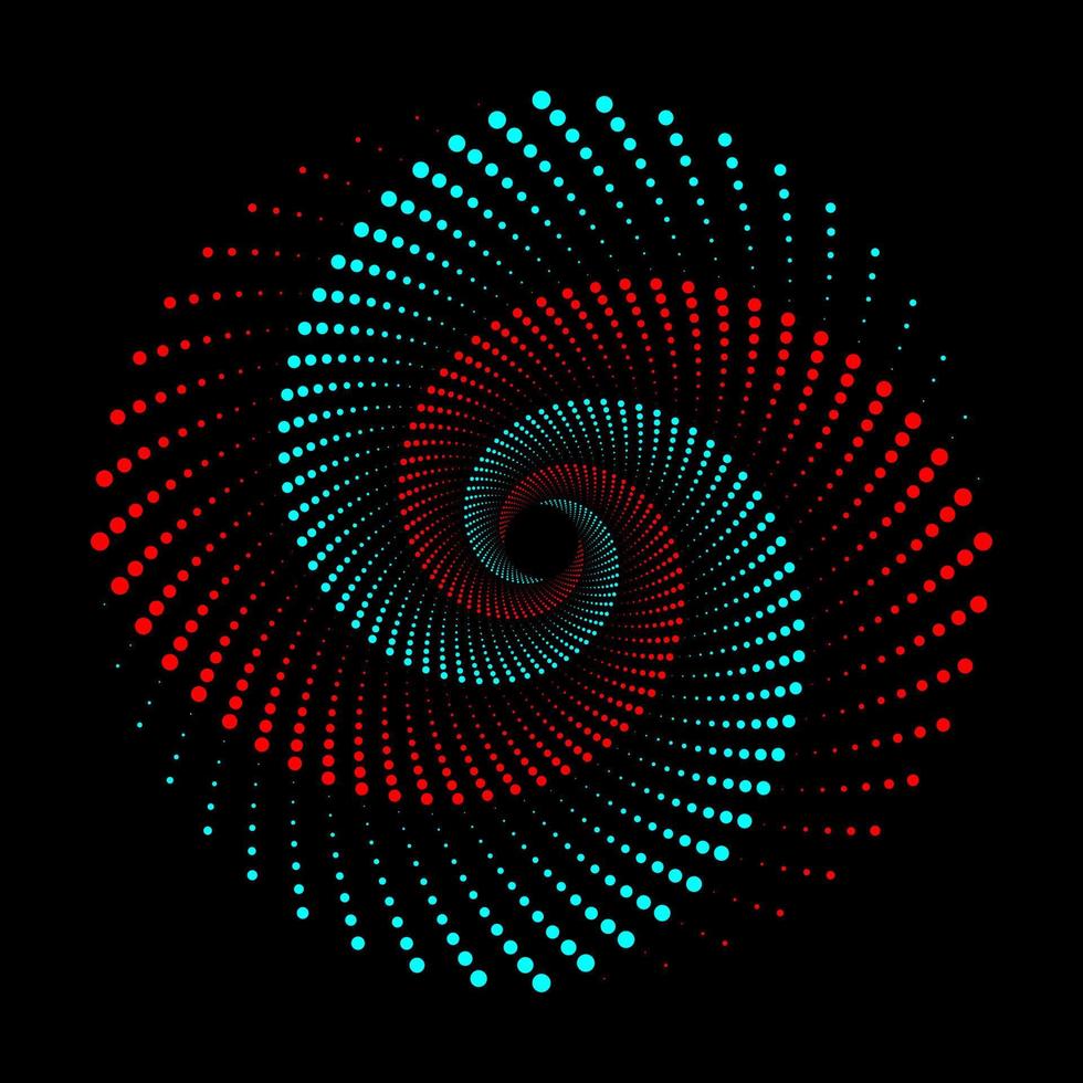 Dotted cyan and red spiral vortex circle logo vector. Abstract round swirl pattern dots on a black background clipart. vector
