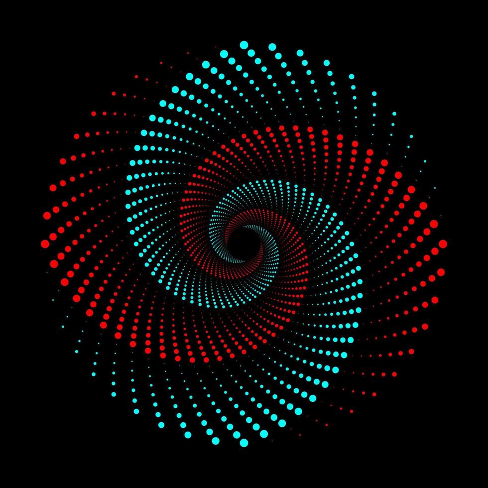 Dotted cyan and red spiral vortex circle logo vector. Abstract round swirl pattern dots on a black background clipart. vector