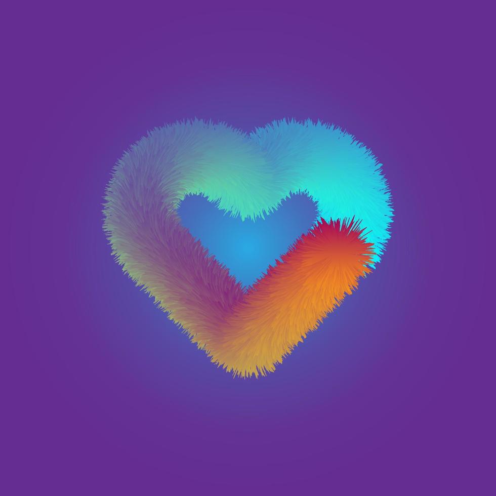 Orange and cyan realistic fur heart vector illustration. 3d fluffy hairy love symbol for valentine's day.