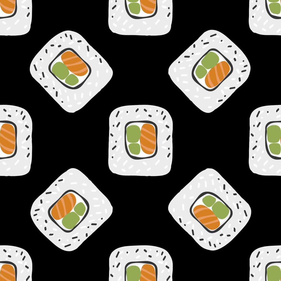 Seamless pattern with Sushi roll maki illustration on black background vector