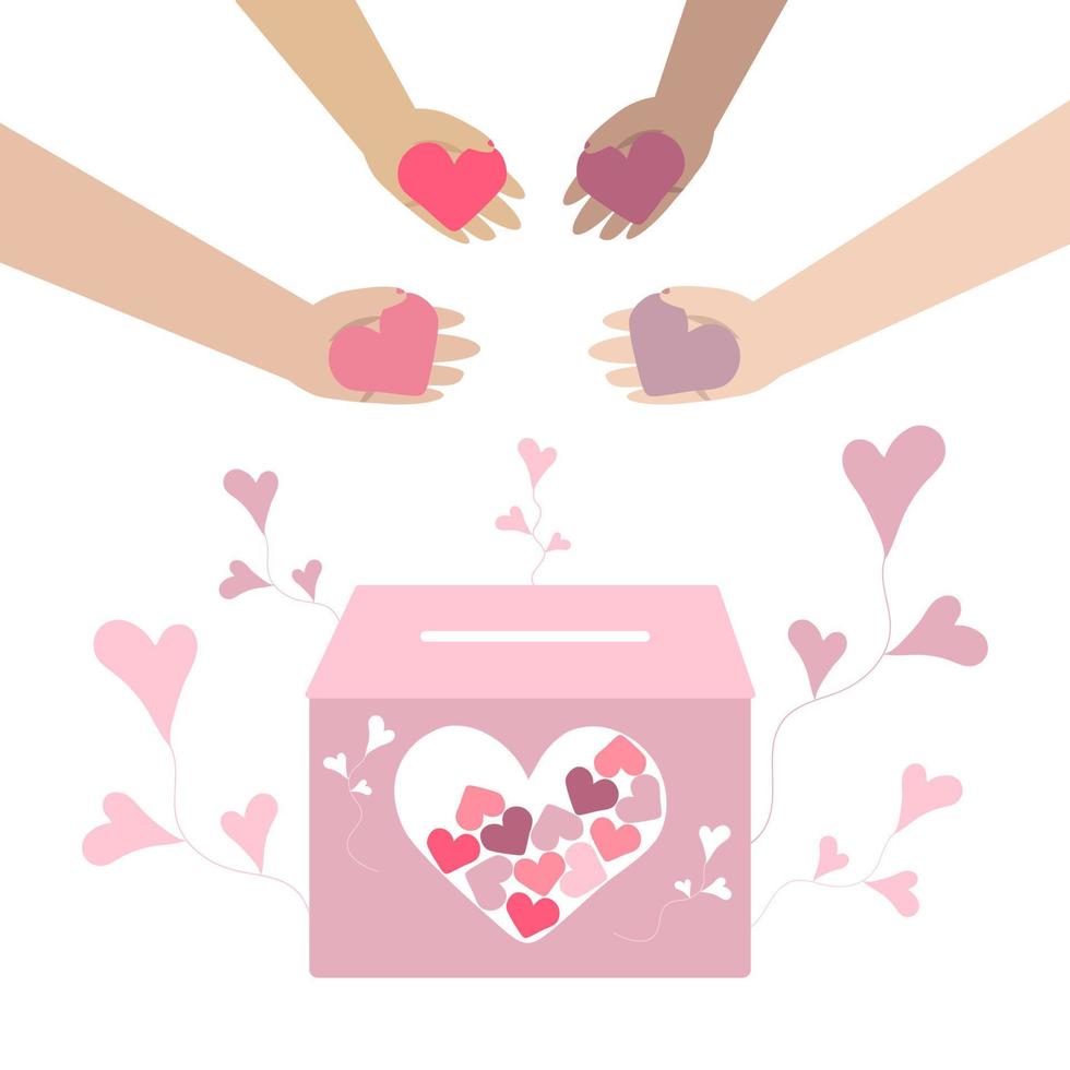 Charity foundation concept. Multiculturalism in donation vector
