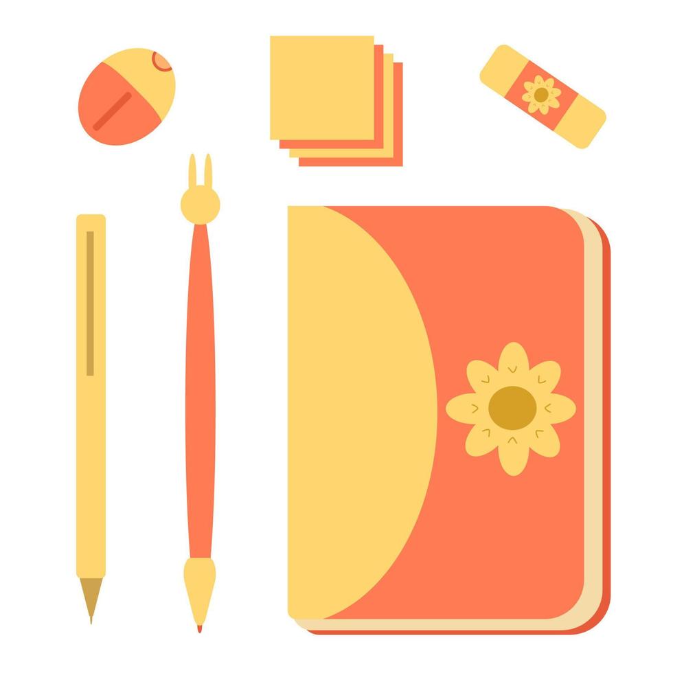 juego de papelería de color naranja en un estilo. bloc de notas, bolígrafo, lápiz, lavandería, cuadernos, sacapuntas, hojas de escritura vector