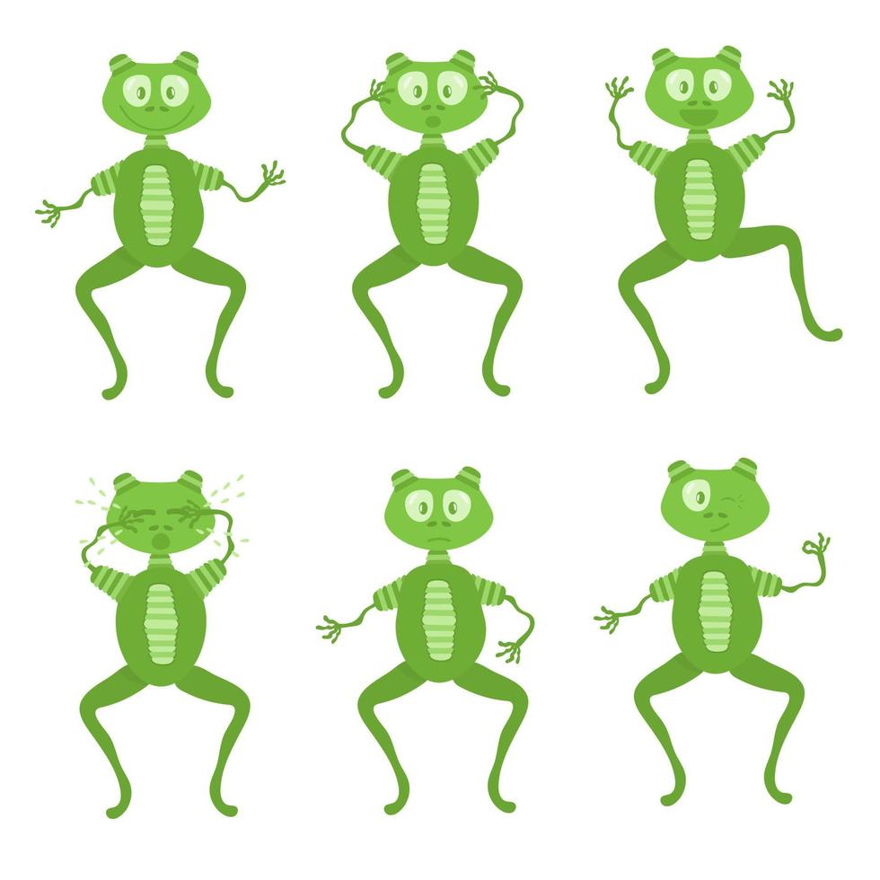 Funny alien man of green color. Range of different emotions. Set in vector