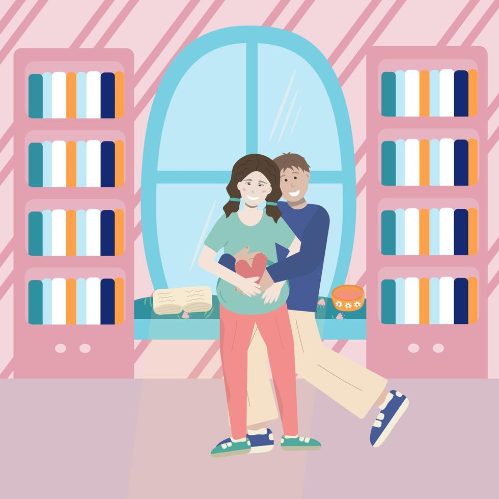Young couple in a room with a window and bookshelves. Pregnant woman, love in the family. New apartment of the newlyweds vector