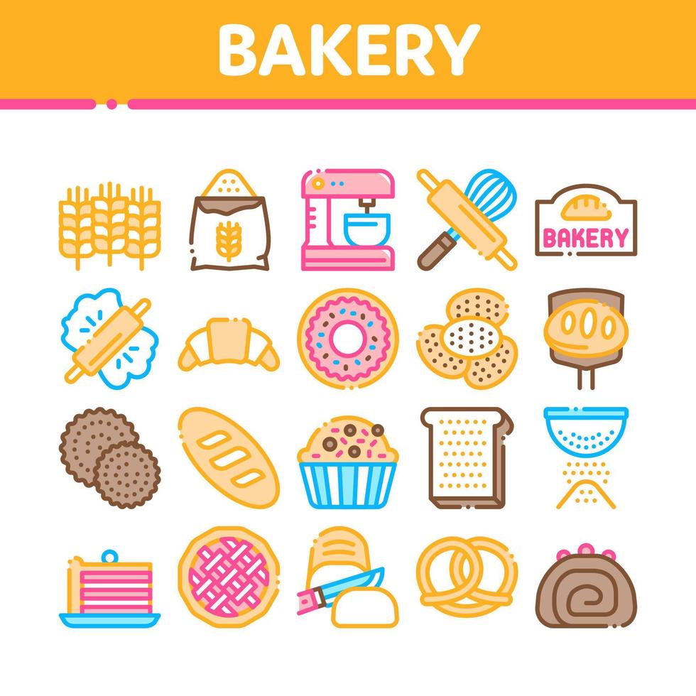 Bakery Tasty Food Collection Icons Set Vector