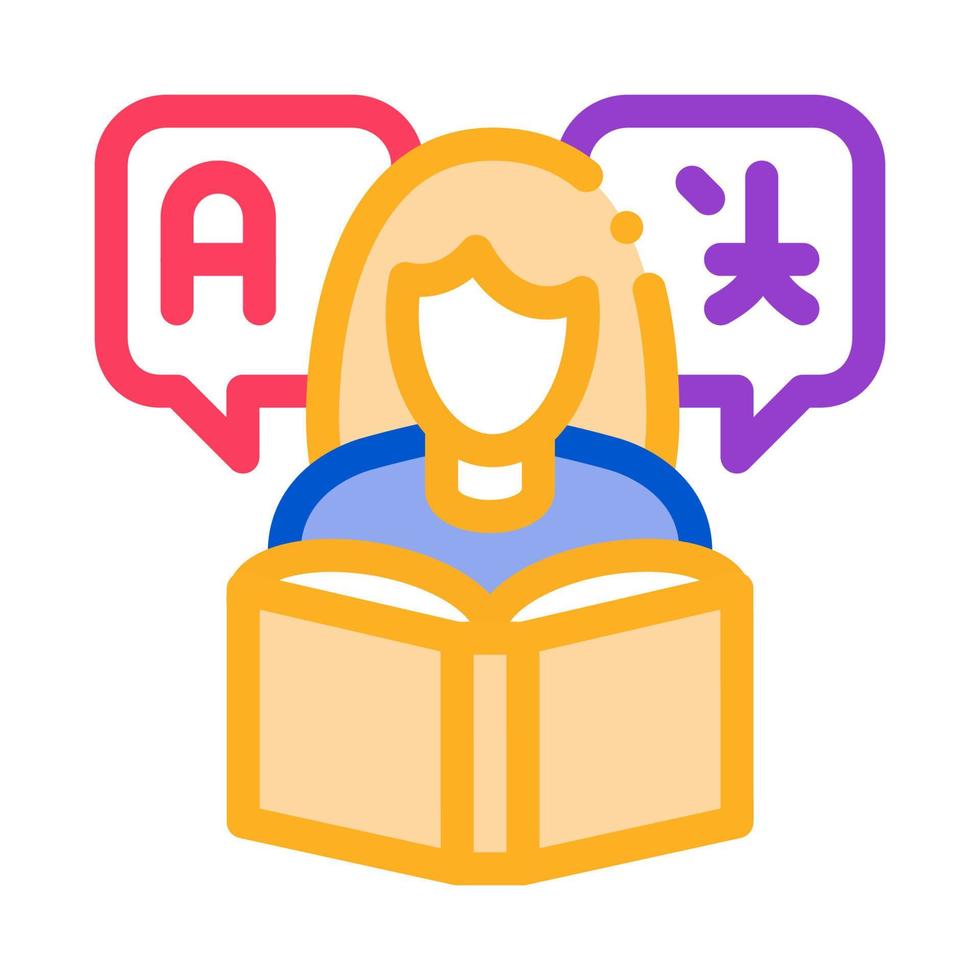 mujer aprendiendo lenguaje icono línea delgada vector