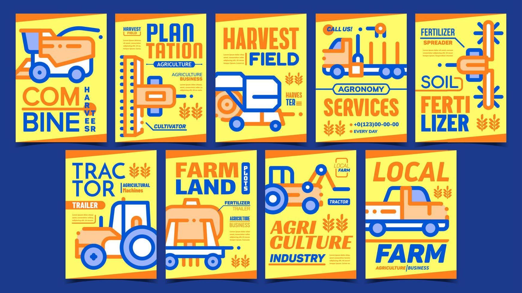 Agricultural Machines Promo Posters Set Vector