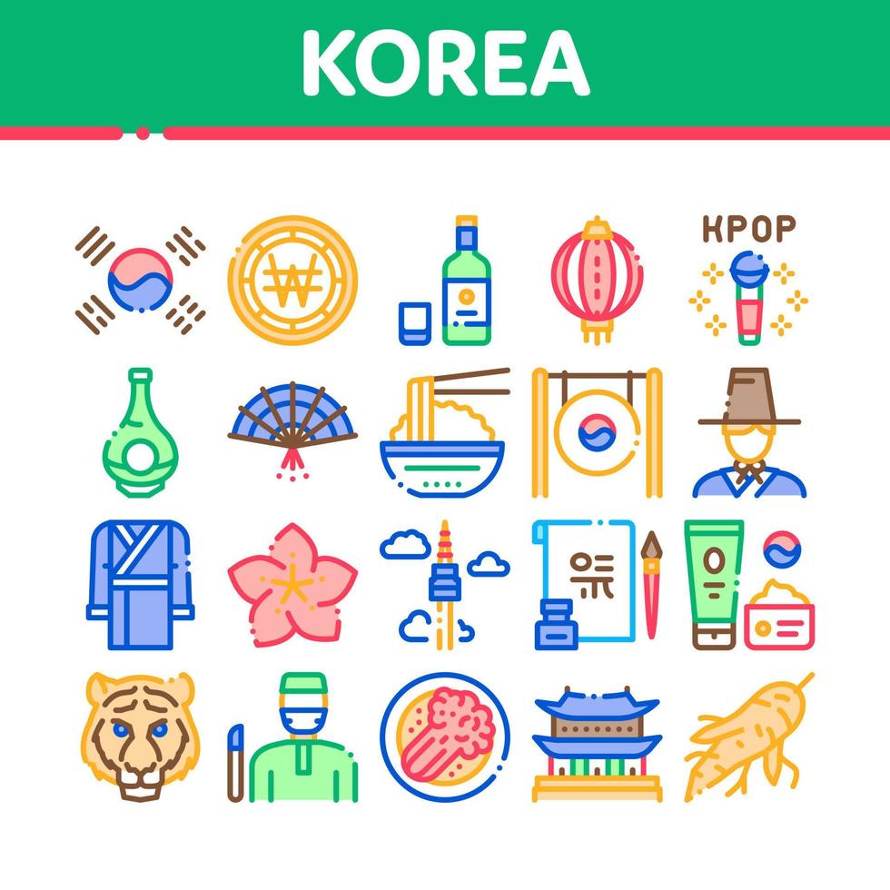 Korea Traditional Collection Icons Set Vector