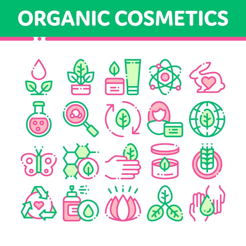 Organic Cosmetics Vector Thin Line Icons Set.