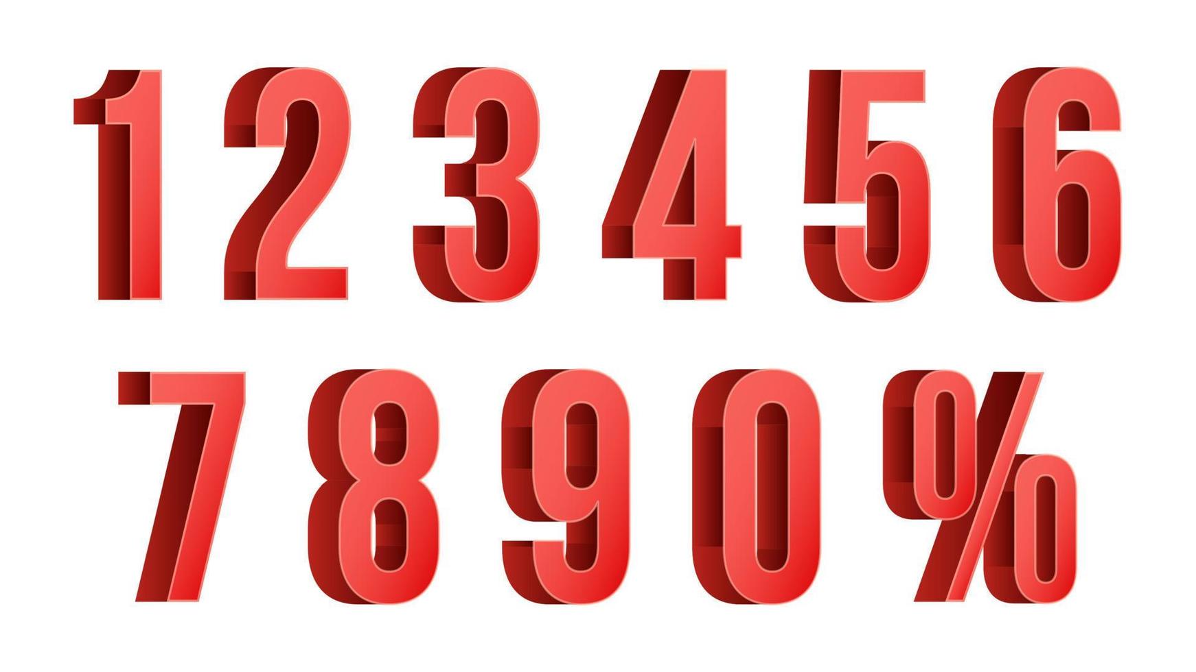 Vector de números de descuento rojo 3d. por ciento. números del 0 al 9. icono de porcentaje establecido en estilo 3d. aislado en blanco ilustración