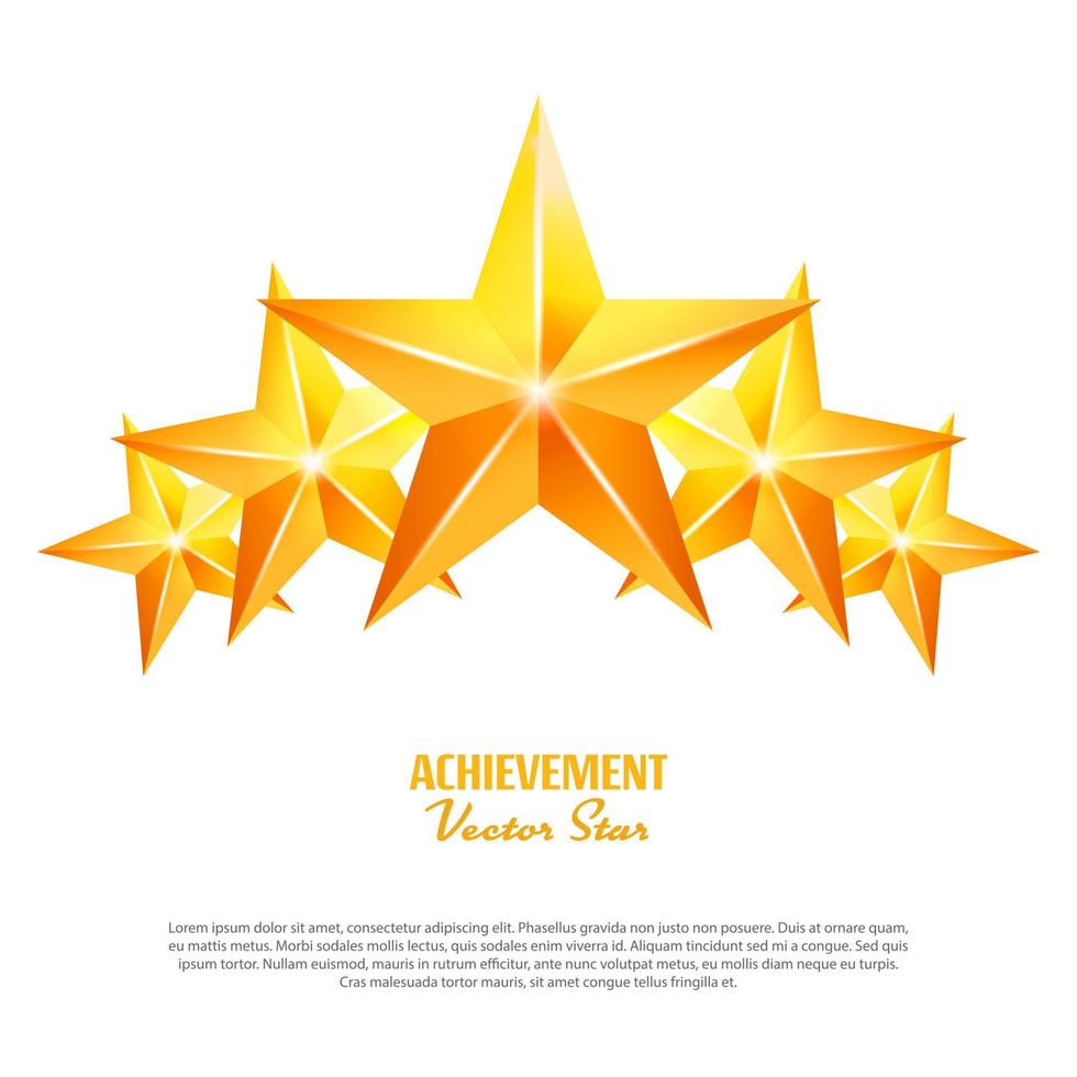 Three Achievement Vector Stars. Yellow Sign. Golden Decoration Symbol. 3d Shine Icon Isolated On White Background.