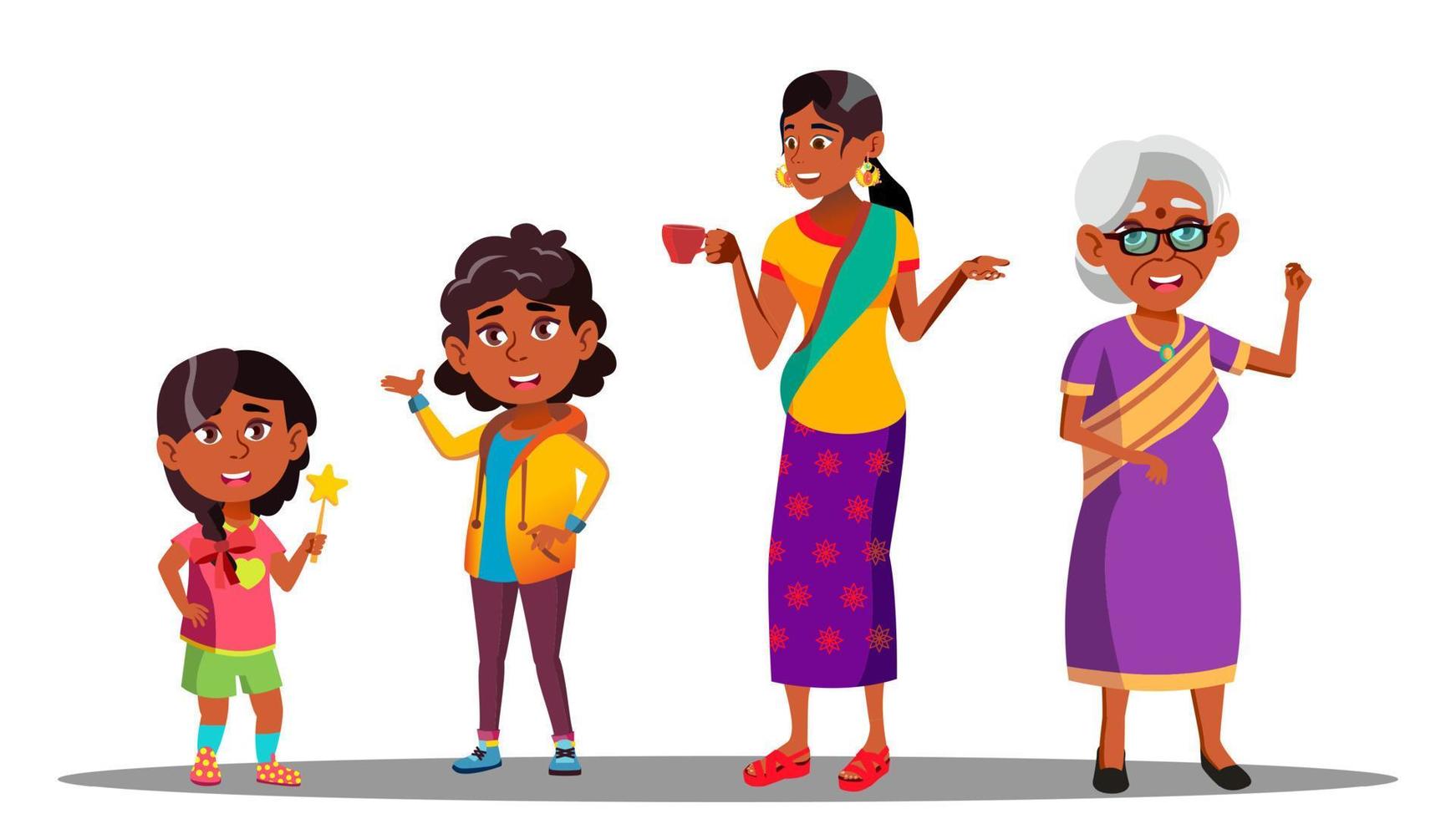 vector de conjunto femenino de generación india. abuela, madre, hija, nieta, bebé. vector. ilustración aislada