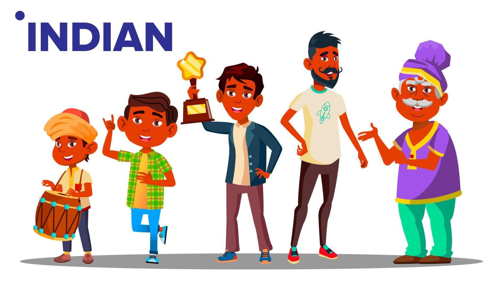 Indian Generation Male People Person Vector. Indian Grandfather, Father, Son, Grandson, Baby Vector. Isolated Illustration vector