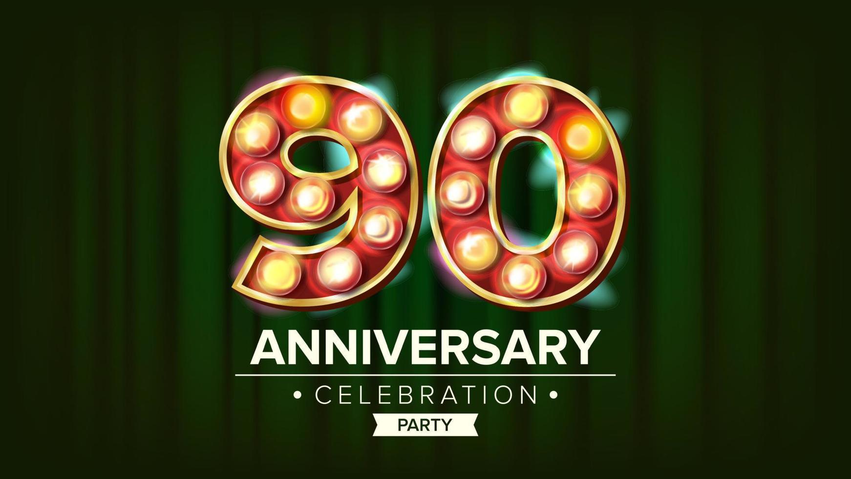Vector de banner de aniversario de 90 años. celebración de los noventa. dígitos de elementos brillantes 3d. para feliz cumpleaños lujoso diseño publicitario. ilustración de fondo verde moderno