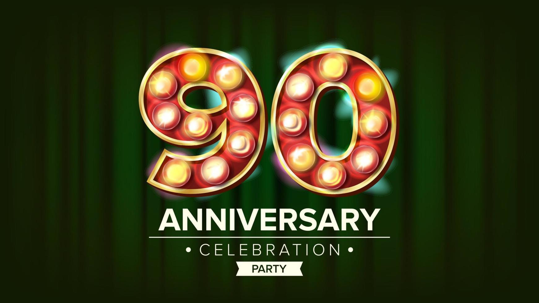 90 Years Anniversary Banner Vector. Ninety Celebration. 3D Glowing Element Digits. For Happy Birthday Luxurious Advertising Design. Modern Green Background Illustration vector