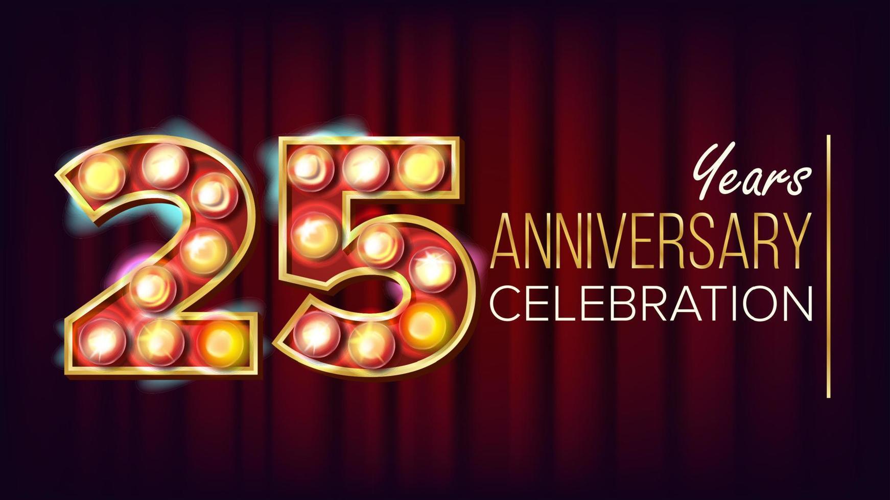 25 Years Anniversary Banner Vector. Twenty-five, Twenty-fifth Celebration. Shining Light Sign Number. For Traditional Company Birthday Design. Modern Red Background Illustration vector