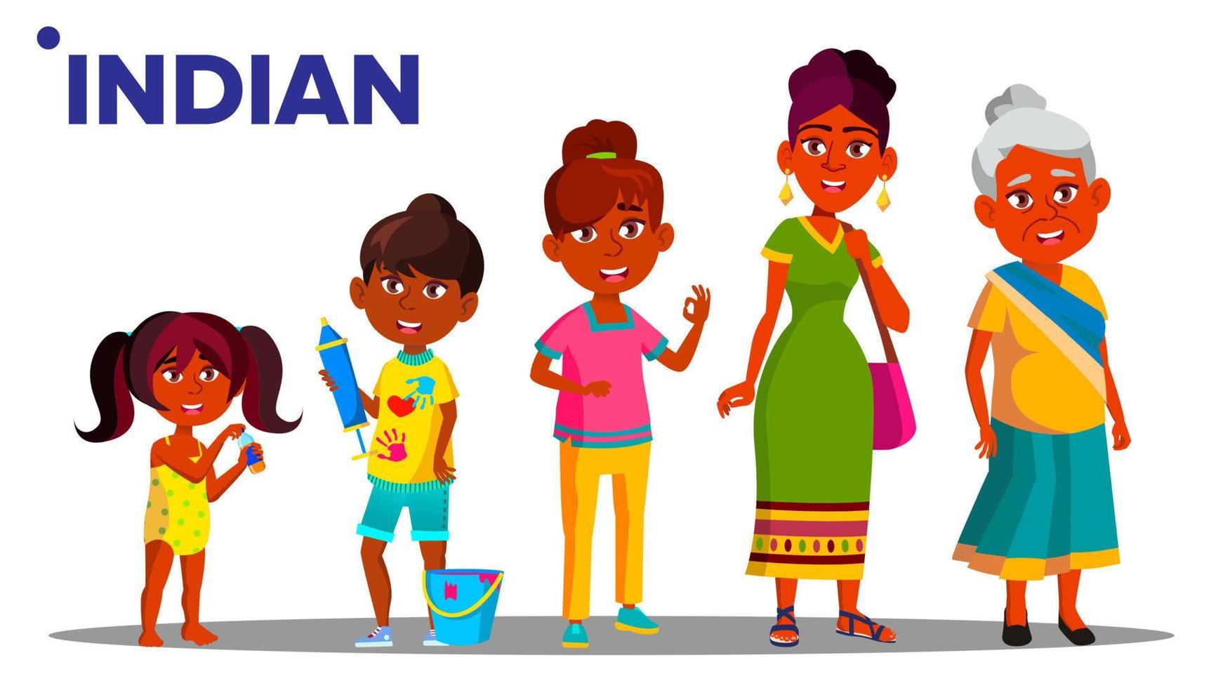 Indian Generation Female Set People Person Vector. Indian Mother, Daughter, Granddaughter, Baby. Isolated Illustration vector