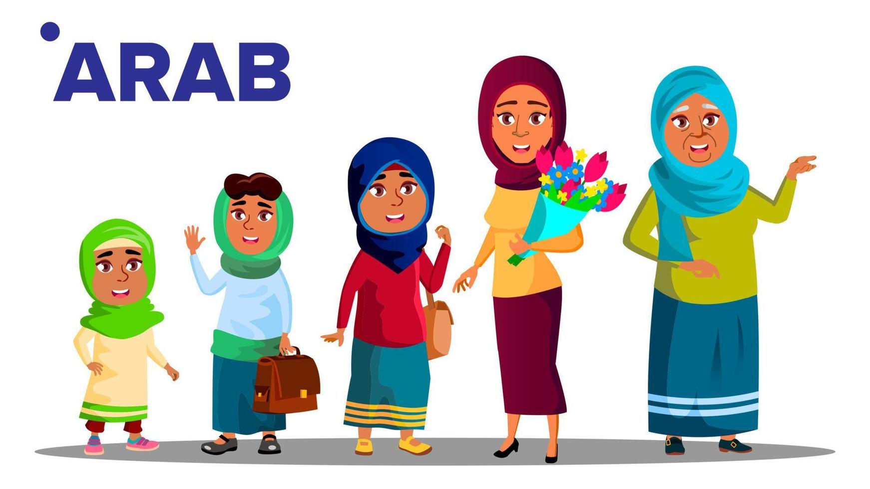 Arab, Muslim Generation Female Set People Person Vector. Mother, Daughter, Granddaughter, Baby. Isolated Illustration vector