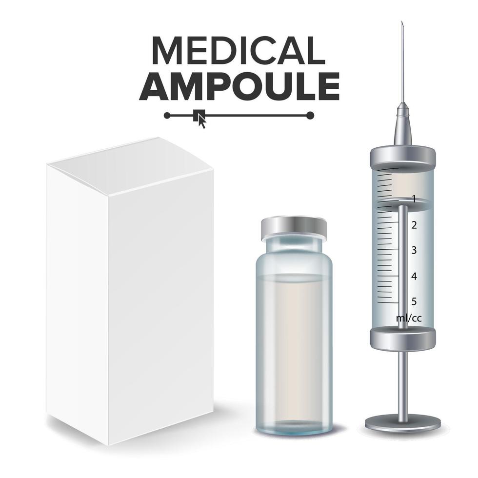 Medical Ampoule, White Package Box, Syringe Vector. Realistic Isolated Illustration vector