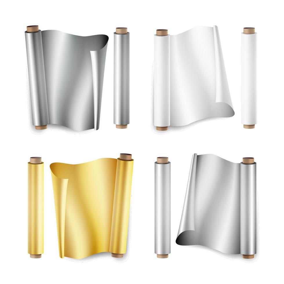 Foil Roll Set Vector. Aluminium, Metal, Gold, Baking Paper. Close Up Top View. Opened And Closed. Realistic Illustration Isolated On White vector