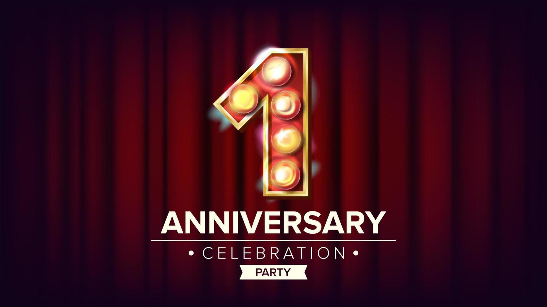 1 Year Anniversary Banner Vector. One, First Celebration. Shining Light Sign Number. For Business Cards, Postcards, Flyers, Gift Cards Design. Modern Red Background Illustration vector